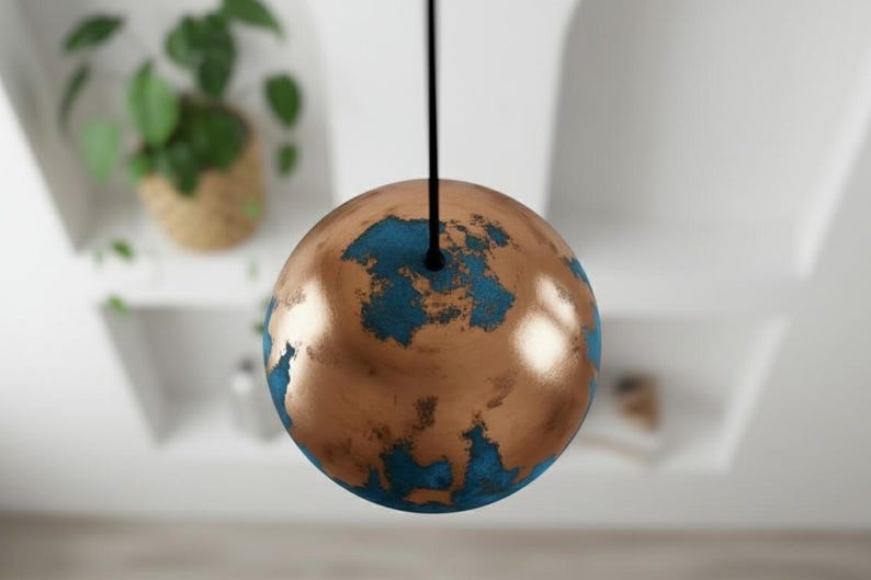 Handmade Moroccan Brass Dome Pendant Light – Blue Patina Brass Hanging Lamp with Warm Gold Interior, Boho Mediterranean Ceiling Light for Kitchen Island, Dining Room, Bedroom, Entryway & Living Room