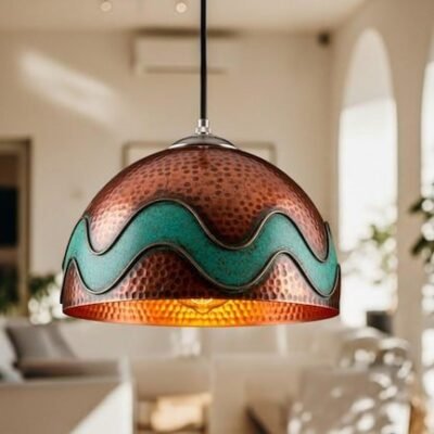 Hammered Copper Dome Pendant Light, Handmade Moroccan Turquoise Wave Chandelier, Green Patina Copper Kitchen Island Hanging Lamp, Rustic Boho Farmhouse Ceiling Light Fixture
