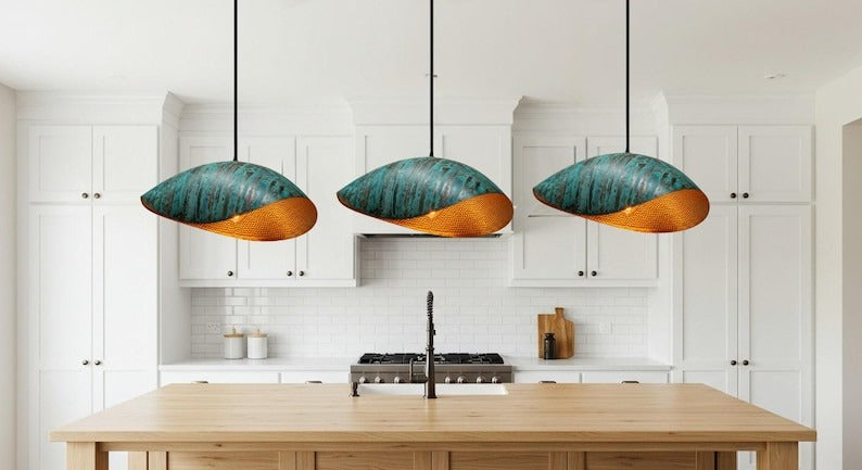 Verdigris Brass Wave Pendant Light – Hammered Copper Interior Kitchen Island Chandelier