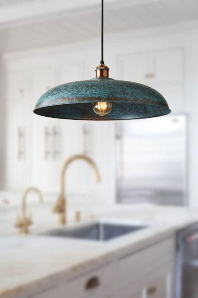 Handmade Blue Patina Brass Pendant Light – Moroccan Wide Saucer Dome Hanging Lamp with Copper Brass Hardware for Kitchen Island, Dining Room & Boho Home Décor