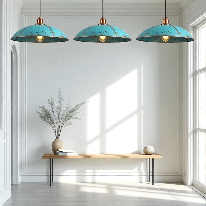 Handmade Verdigris Brass Pendant Light – Wide Turquoise Dome Ceiling Lamp with Copper Accents for Kitchen Island, Dining Room, Entryway and Modern Farmhouse Décor