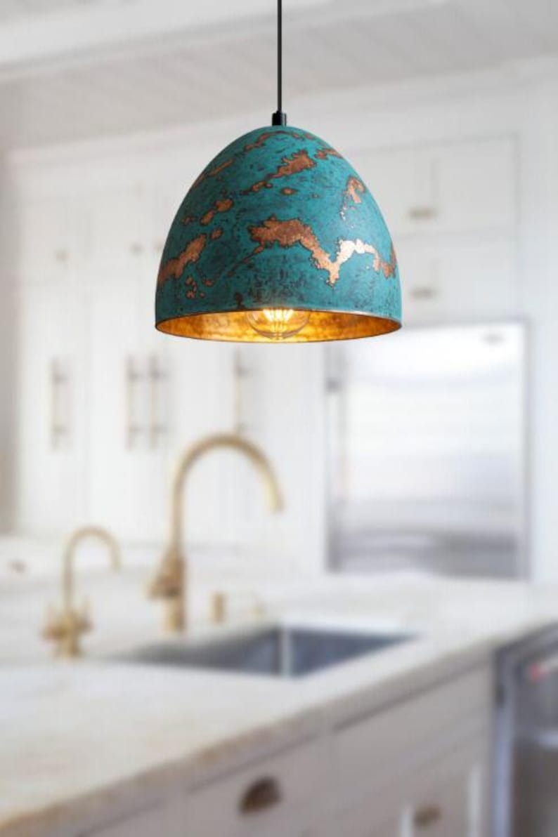 Handmade Blue Patina Brass Pendant Light – Moroccan Dome Hanging Lamp with Copper Accents & Warm Gold Interior for Kitchen Island, Dining Room & Boho Home Décor