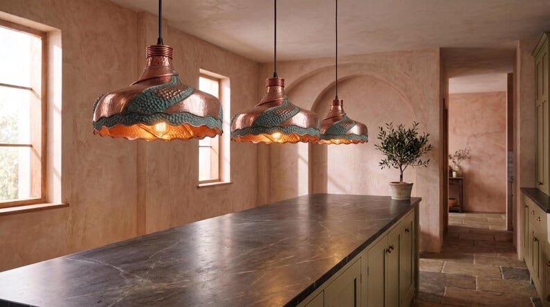 Handmade Moroccan Brass Pendant Light – Sculptural Hammered Dome Ceiling Lamp with Verdigris Patina, Copper Panels & Scalloped Edge