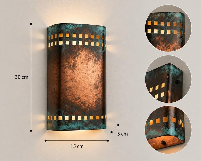 Handmade Moroccan Brass Wall Sconce – Copper & Turquoise Patina Cylinder Wall Light with Square Cutouts, Rustic Mediterranean Accent Lighting