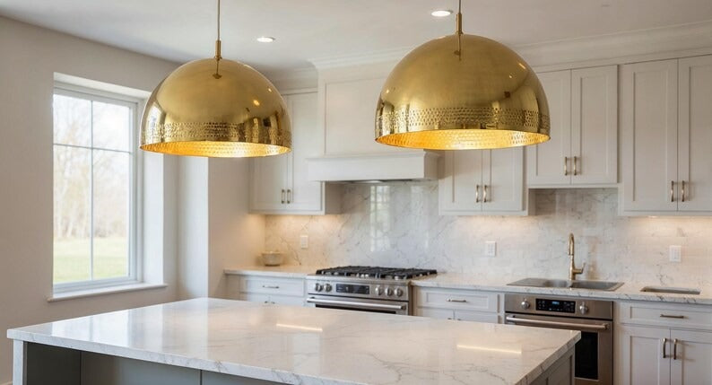 Polished Brass Dome Pendant Light, Handmade Moroccan Pierced Gold Brass Chandelier, Large Kitchen Island Hanging Lamp, Rustic Boho Farmhouse Dining Room Ceiling Light Fixture