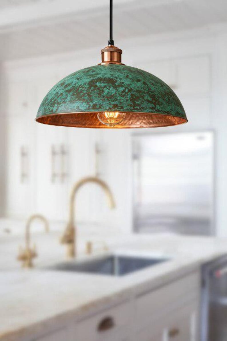 Handmade Green Patina Brass Pendant Light – Moroccan Wide Dome Hanging Lamp with Hammered Copper Brass Interior for Kitchen Island, Dining Room & Boho Home Décor