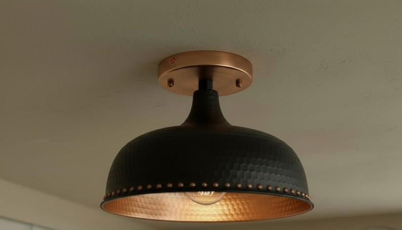 Handmade Moroccan Brass Semi-Flush Mount Ceiling Light – Black Hammered Dome Fixture with Warm Copper Interior and Rivet Detail