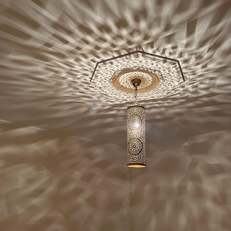 Moroccan Brass Pierced Cylinder Pendant Light, Handmade Moorish Geometric Hanging Lamp, Boho Arabic Shadow Chandelier, Antique Gold Brass Ceiling Light Fixture