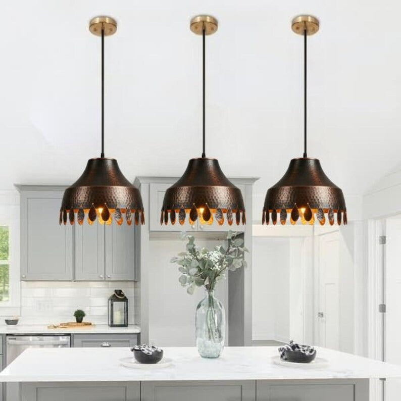Handmade Hammered Brass Pendant Light – Moroccan Dark Copper Hanging Lamp with Leaf Cutout Edge for Kitchen Island, Dining Room & Boho Home Décor
