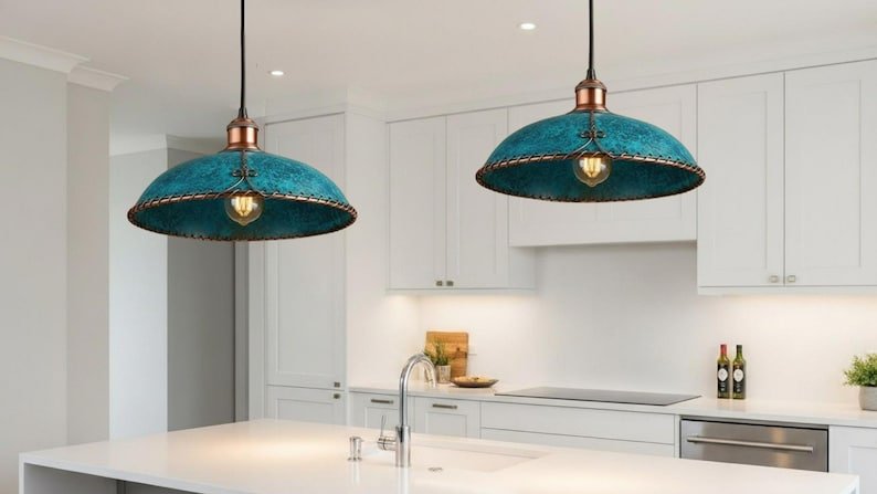 Turquoise Patina Copper Saucer Pendant Light, Handmade Moroccan Braided Rim Hanging Lamp, Rustic Verdigris Kitchen Island Chandelier, Boho Farmhouse Ceiling Light Fixture