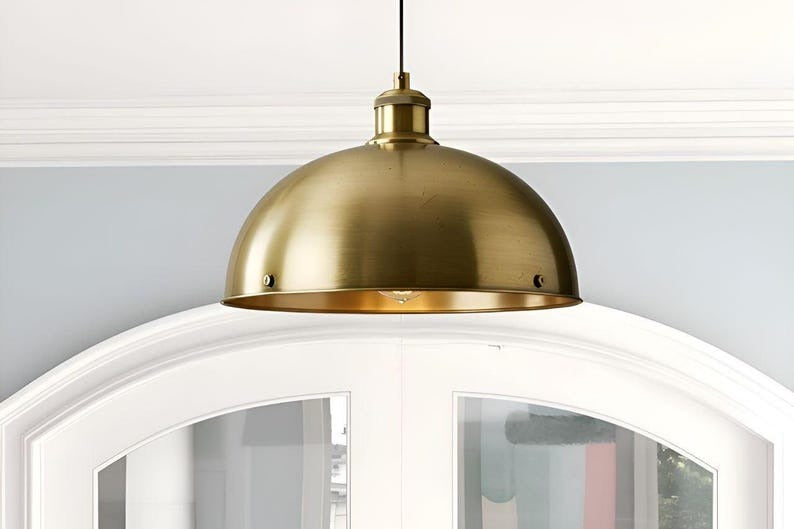 Handmade Brass Pendant Light – Moroccan Brushed Gold Dome Hanging Lamp with Warm Brass Interior for Kitchen Island, Dining Room & Boho Home Décor