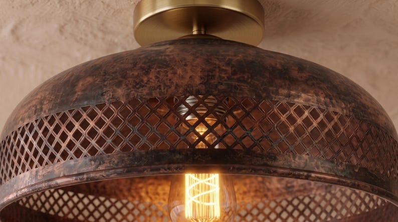 Handmade Brass Flush Mount Ceiling Light – Aged Copper Hammered Brass Dome Fixture with Pierced Border, Moroccan Rustic Farmhouse Ceiling Lamp