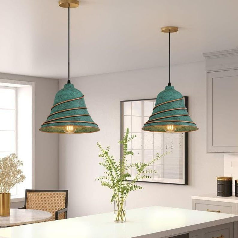 Handmade Green Patina Brass Pendant Light – Moroccan Cone Dome Hanging Lamp with Spiral Copper Brass Ribs for Kitchen Island, Dining Room & Boho Home Décor