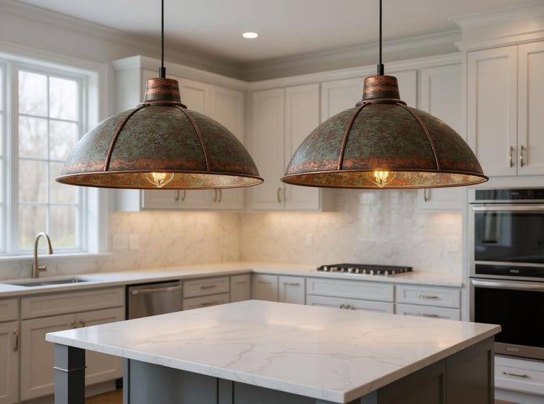 Framed Green Patina Copper Dome Pendant Light, Handmade Moroccan Verdigris Copper Chandelier, Rustic Kitchen Island Hanging Lamp, Boho Farmhouse Ceiling Light Fixture