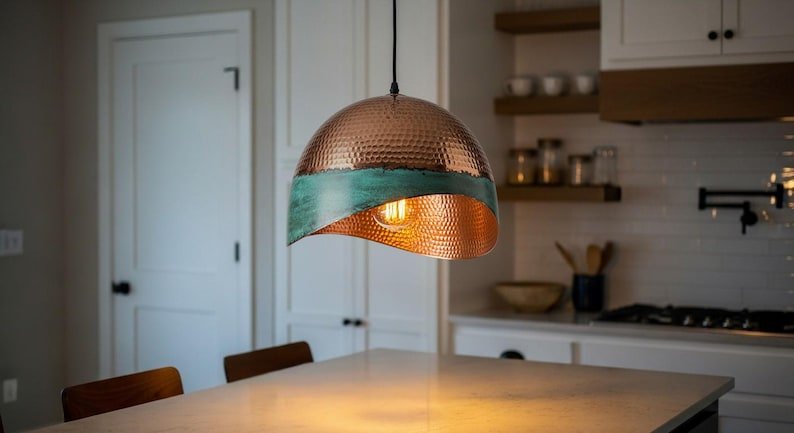 Green Patina Brass Hammered Dome Pendant Light – Handmade Copper Hanging Ceiling Lamp, Rustic Vintage Kitchen Island Lighting