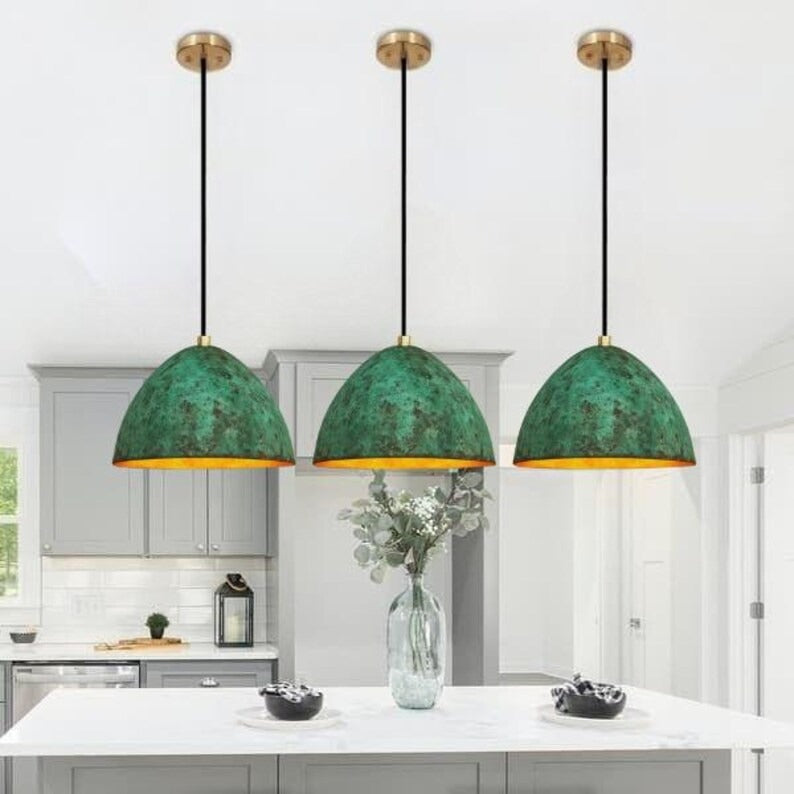 Handmade Green Patina Brass Pendant Light – Moroccan Dome Hanging Lamp with Warm Gold Interior for Kitchen Island, Dining Room & Boho Home Décor