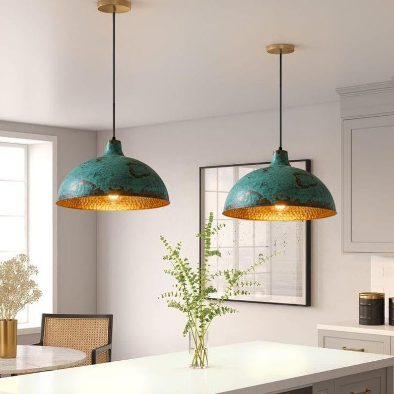 Handmade Blue Green Patina Brass Pendant Light – Moroccan Wide Dome Hanging Lamp with Warm Gold Interior for Kitchen Island, Dining Room & Boho Home Décor