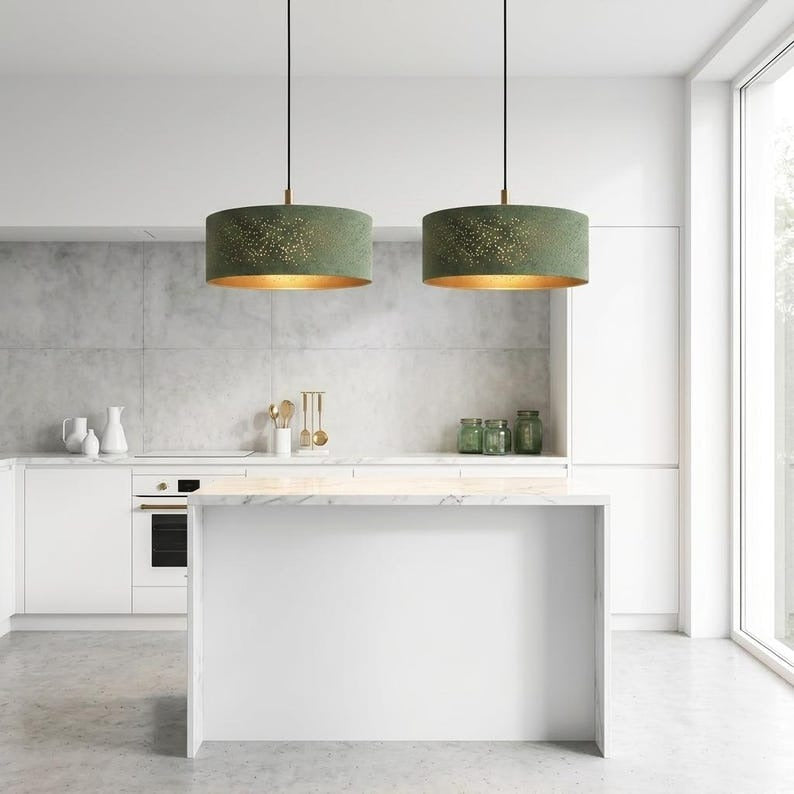 Handmade Moroccan Brass Drum Pendant Light – Perforated Green Verdigris Patina Hanging Lamp with Warm Gold Interior, Modern Boho Ceiling Light for Kitchen Island, Dining Room & Living Room