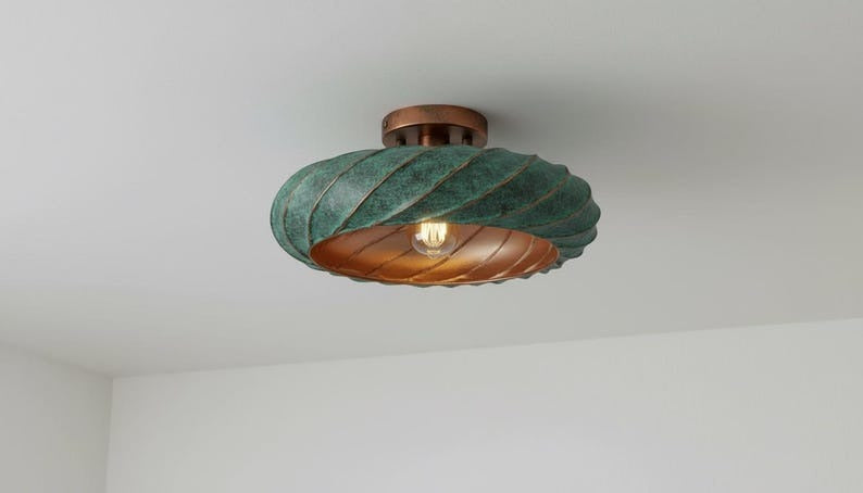 Handmade Moroccan Brass Flush Mount Ceiling Light – Twisted Turquoise Verdigris Dome Fixture with Warm Copper Interior