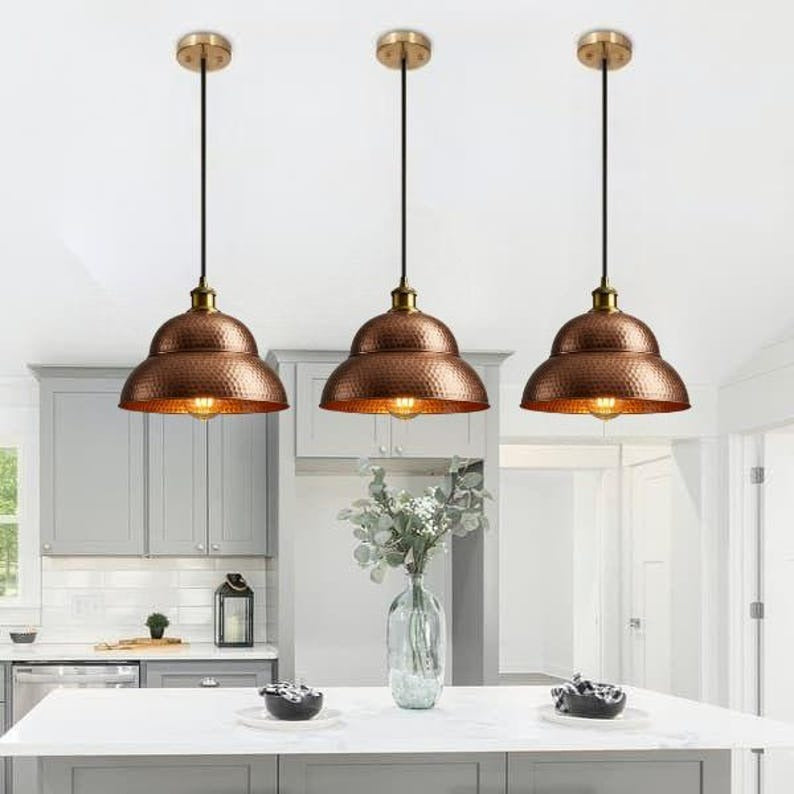 Handmade Hammered Brass Pendant Light – Moroccan Copper Double Dome Hanging Lamp with Warm Gold Interior for Kitchen Island, Dining Room & Boho Home Décor