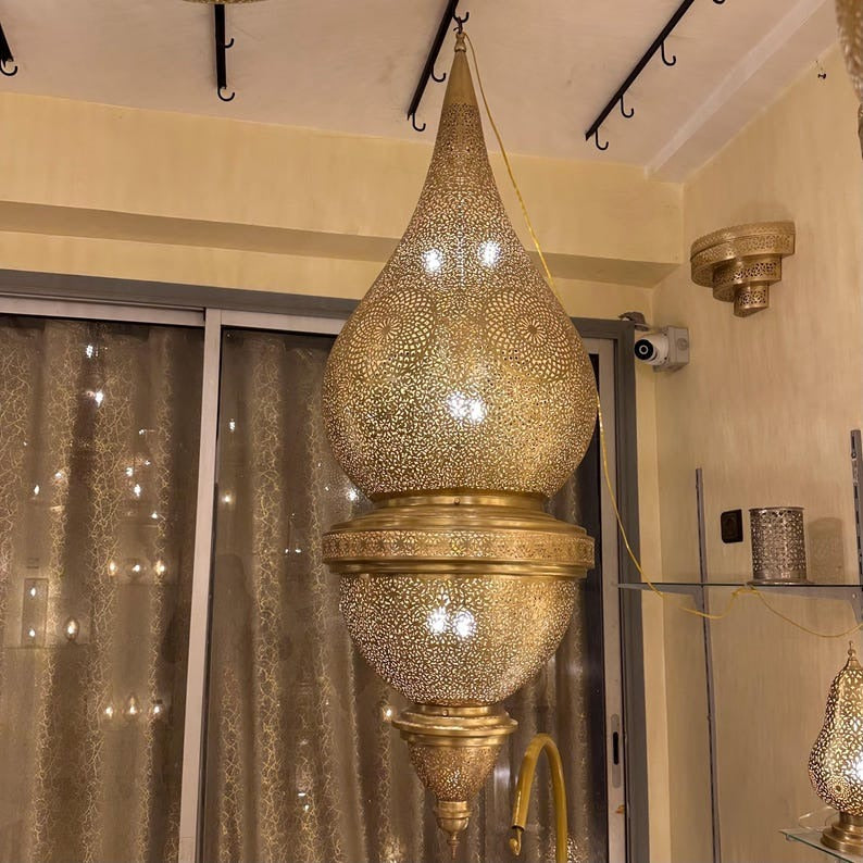 Large Moroccan Brass Pierced Palace Chandelier, Handmade Moorish Teardrop Lantern Pendant Light, Luxury Gold Arabic Shadow Lamp, Boho Filigree Brass Ceiling Light Fixture