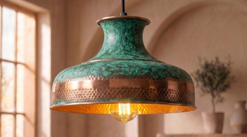 Handmade Brass Moroccan Pendant Light – Verdigris Green Patina & Copper Hammered Brass Wide Dome Hanging Lamp, Rustic Kitchen Island Ceiling Fixture