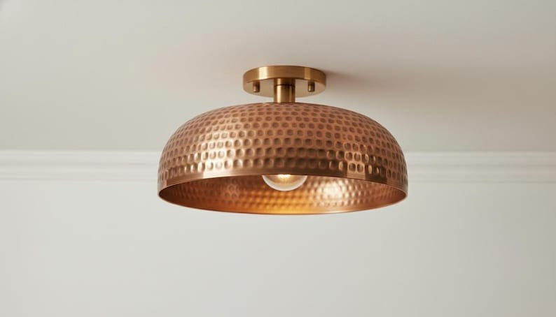 Handmade Moroccan Brass Semi-Flush Mount Ceiling Light – Hammered Antique Copper Dome Fixture, Rustic Farmhouse Ceiling Lamp