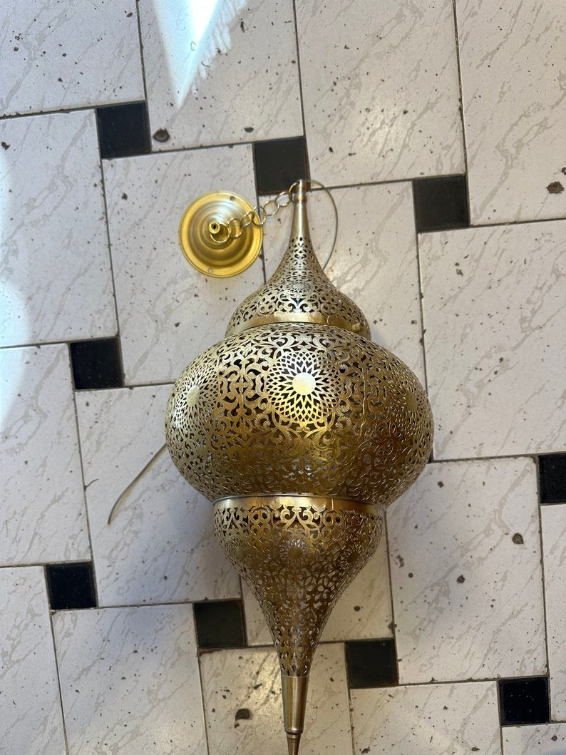 Moroccan Pierced Brass Onion Lantern Chandelier, Handmade Moorish Floral Hanging Pendant Light, Boho Arabic Shadow Lamp, Luxury Gold Filigree Ceiling Light Fixture