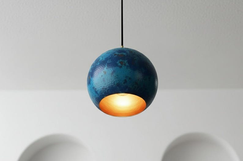 Handmade Moroccan Brass Globe Pendant Light – Blue Patina Brass Hanging Lamp with Warm Gold Interior, Boho Mediterranean Orb Ceiling Light for Kitchen Island, Dining Room, Bedroom & Entryway