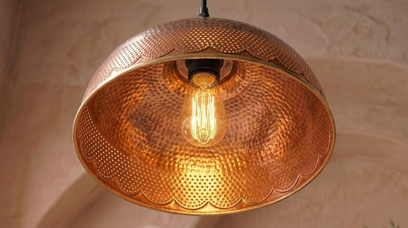 Handmade Brass Moroccan Dome Pendant Light – Aged Copper Hammered Brass Hanging Lamp with Pierced Scalloped Border, Rustic Kitchen Island Ceiling Fixture
