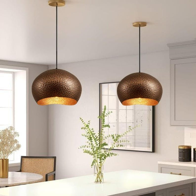 Handmade Hammered Brass Pendant Light – Moroccan Copper Bowl Dome Hanging Lamp with Warm Gold Interior for Kitchen Island, Dining Room & Boho Home Décor