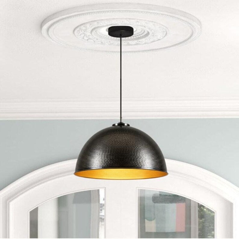 Handmade Black Hammered Brass Pendant Light – Moroccan Dome Hanging Lamp with Warm Gold Interior for Kitchen Island, Dining Room & Modern Boho Home Décor