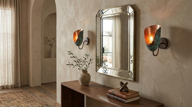 Handmade Moroccan Brass Wall Sconce – Verdigris Patina Copper Brass Wall Light, Artisan Hammered Brass Sconce, Boho Mediterranean Wall Lamp for Bedroom, Hallway, Entryway, Bathroom Vanity & Living Room