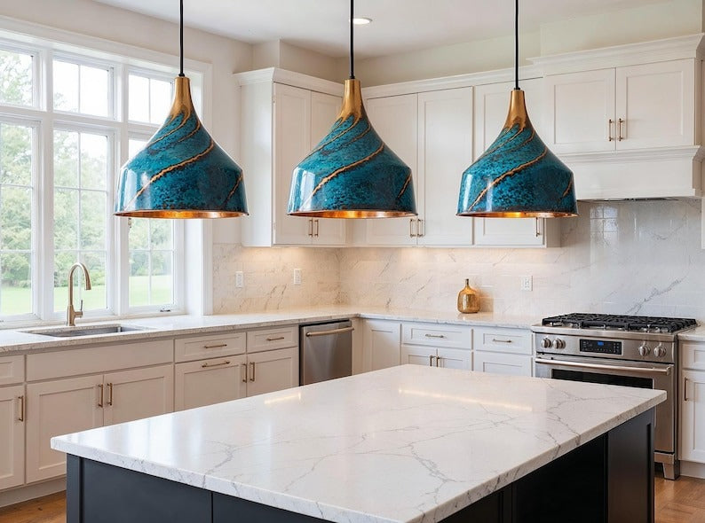 Blue Patina Spiral Copper Pendant Light, Handmade Moroccan Turquoise Verdigris Hanging Lamp, Rustic Copper Kitchen Island Chandelier, Boho Farmhouse Ceiling Light Fixture