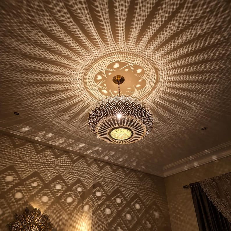 Moroccan Pierced Brass Dome Pendant Light, Handmade Moorish Diamond Pattern Chandelier, Boho Arabic Shadow Lamp, Luxury Gold Filigree Ceiling Light Fixture