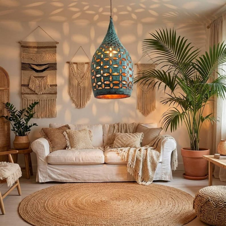 Handmade Moroccan Brass Teardrop Pendant Light – Pierced Green Verdigris Patina Hanging Lamp with Floral Cutouts and Warm Copper Interior, Boho Moorish Ceiling Light for Kitchen Island, Dining Room, Bedroom & Entryway