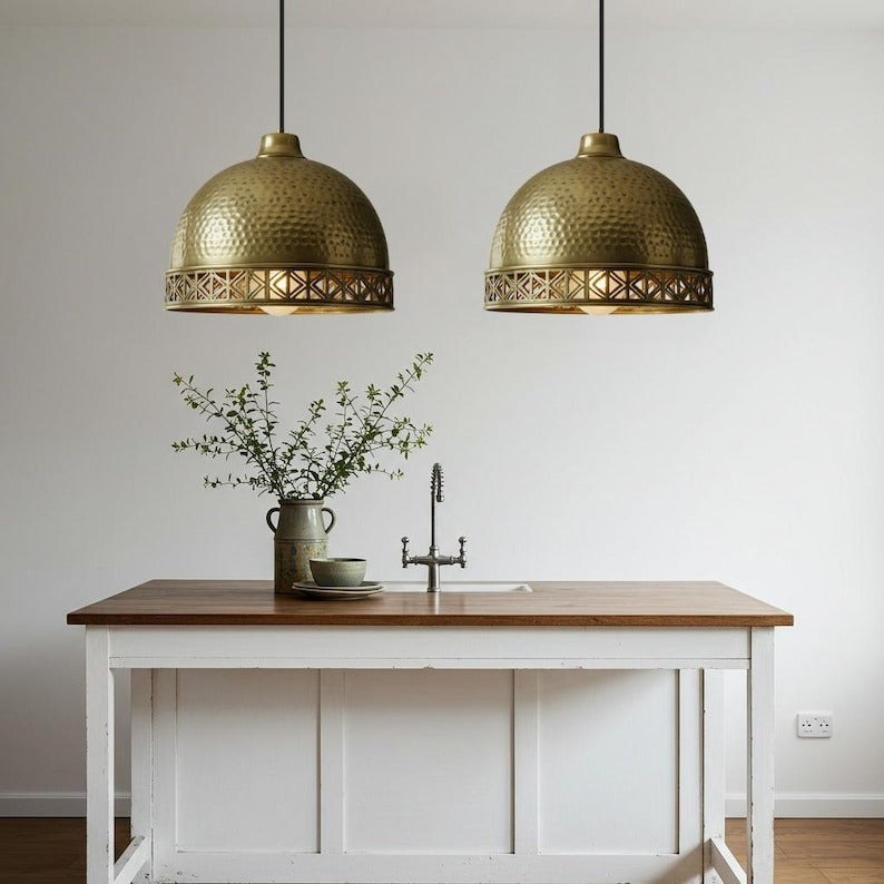 Hammered Brass Dome Pendant Light – Moroccan Geometric Cutout Kitchen Island Chandelier