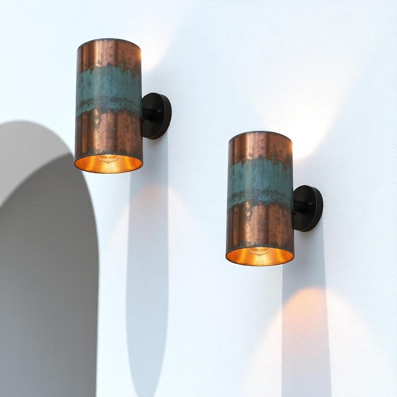 Patinated Copper Finish Brass Wall Sconce – Handmade Cylindrical Up and Down Wall Light with Verdigris Finish for Bathroom, Hallway, Entryway, Patio and Rustic Décor