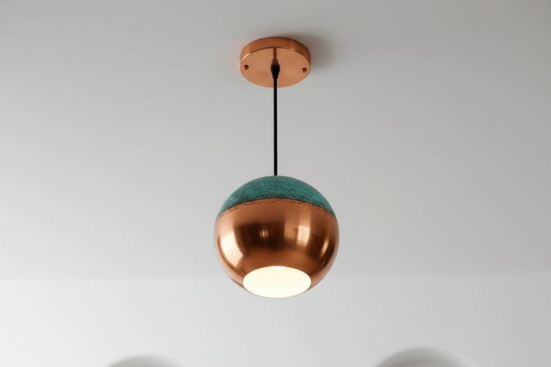 Handmade Moroccan Brass Globe Pendant Light – Polished Copper Brass Hanging Lamp with Turquoise Patina Top, Warm Gold Interior Orb Ceiling Light for Kitchen Island, Dining Room, Bedroom & Entryway