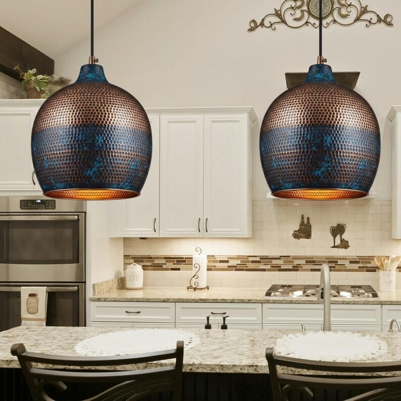 Handmade Moroccan Brass Globe Pendant Light – Hammered Copper and Deep Blue Patina Hanging Lamp with Warm Gold Interior for Kitchen Island, Dining Room & Living Room