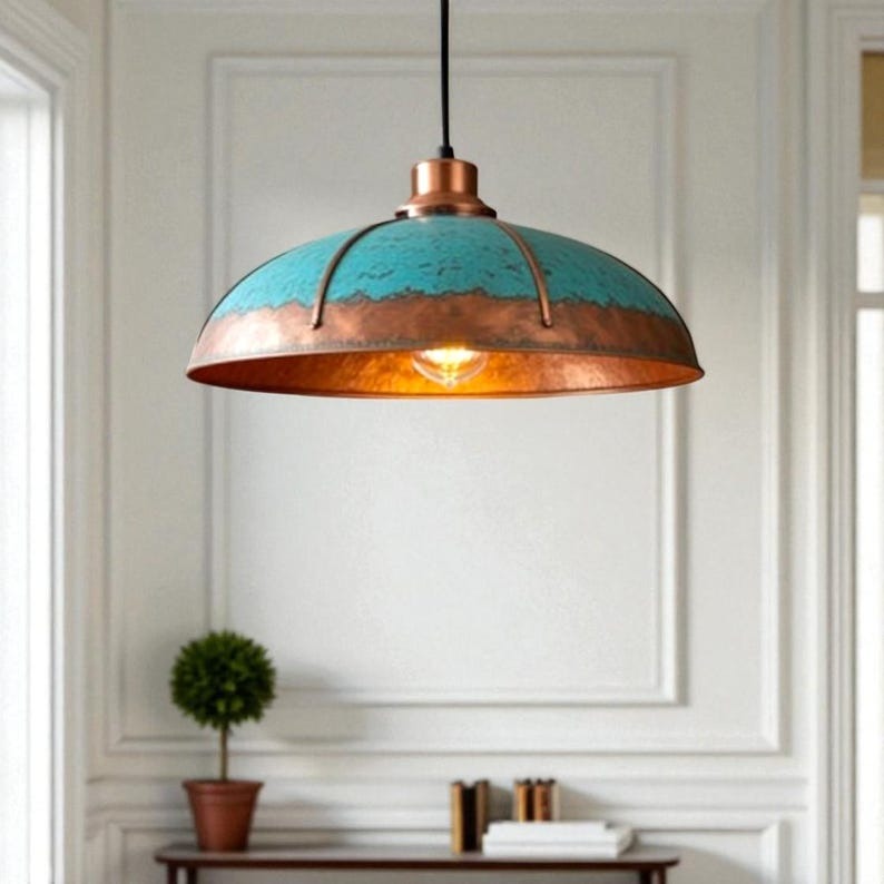 Verdigris Brass Dome Pendant Light – Copper Accent Kitchen Island Chandelier with Turquoise Patina