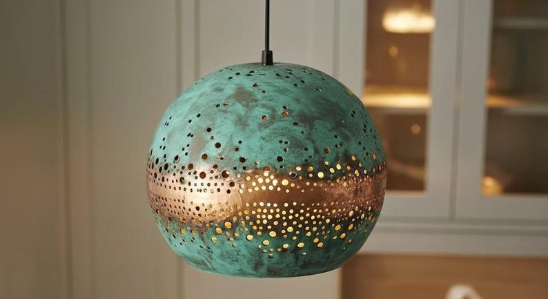 Green Patina Copper Globe Pendant Light, Handmade Moroccan Perforated Copper Dome Chandelier, Blue Verdigris Kitchen Island Hanging Lamp, Rustic Boho Farmhouse Ceiling Light Fixture