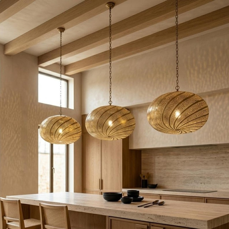 Moroccan Pierced Brass Spiral Globe Pendant Light, Handmade Moorish Swirl Pattern Hanging Lamp, Boho Arabic Shadow Chandelier, Gold Filigree Ceiling Light Fixture