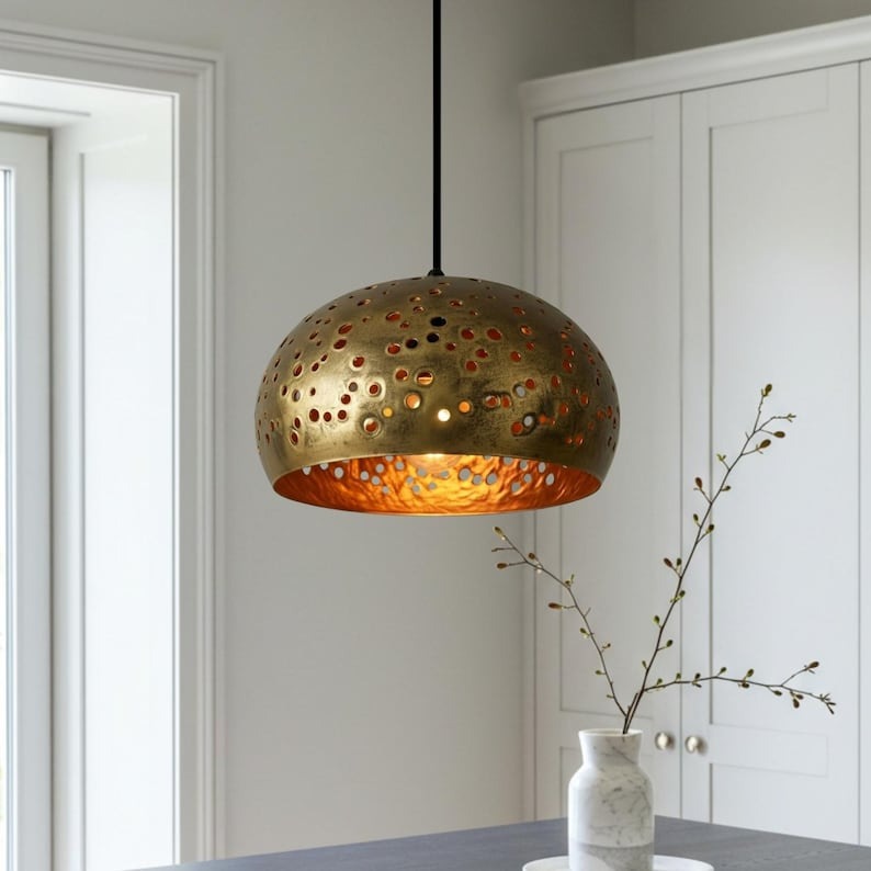 Pierced Brass Dome Pendant Light – Gold Moroccan Kitchen Island Chandelier with Warm Copper Interior
