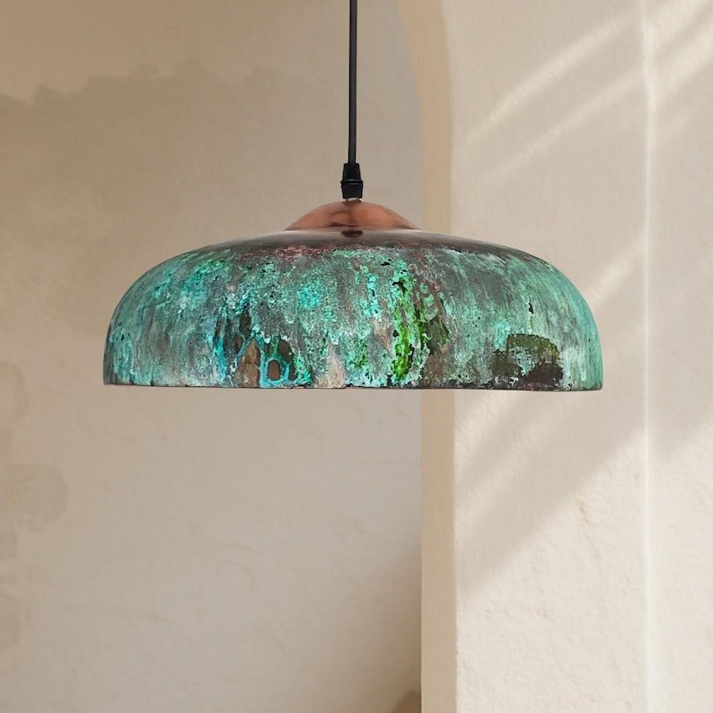 Green Patina Copper Saucer Pendant Light, Handmade Moroccan Verdigris Copper Dome Chandelier, Rustic Kitchen Island Hanging Lamp, Boho Farmhouse Ceiling Light Fixture