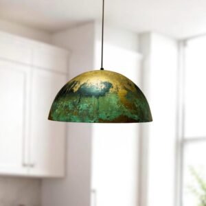 Green Gold Patina Copper Dome Pendant Light, Handmade Moroccan Verdigris Kitchen Island Chandelier, Rustic Boho Farmhouse Hanging Ceiling Light Fixture