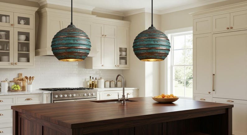 Handmade Green Patina Brass Pendant Light – Moroccan Ribbed Globe Hanging Lamp with Warm Gold Interior for Kitchen Island, Dining Room & Boho Home Décor