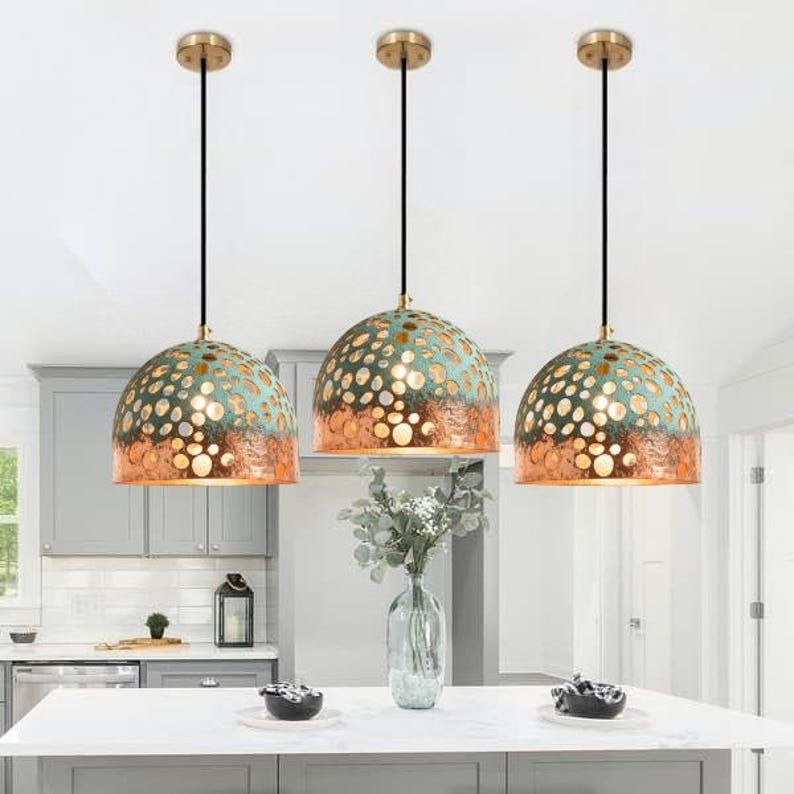 Handmade Perforated Brass Pendant Light – Moroccan Copper Dome Hanging Lamp with Green Patina & Large Round Cutouts for Kitchen Island, Dining Room & Boho Home Décor