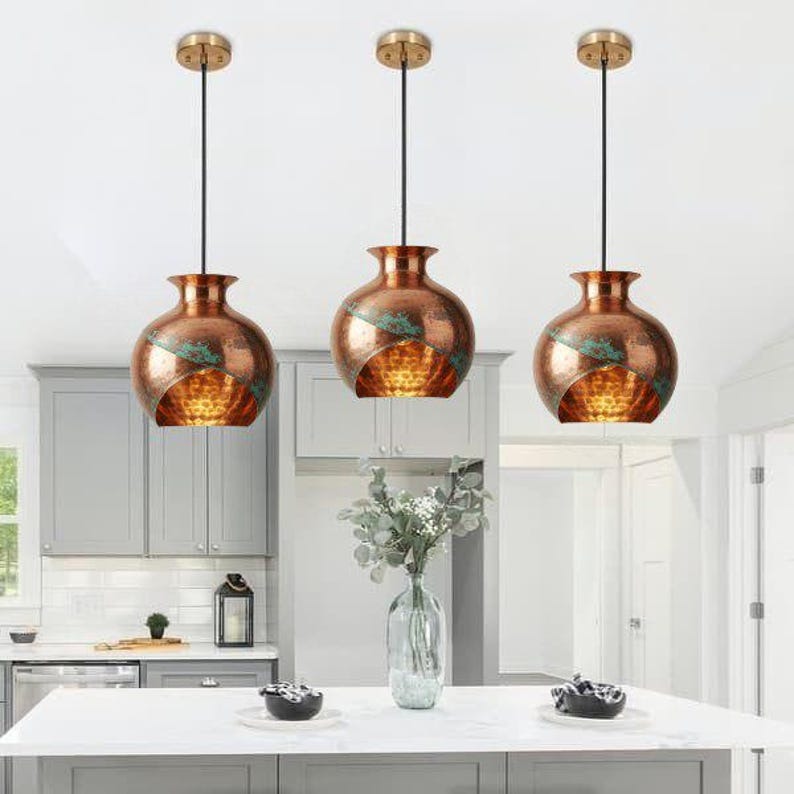 Handmade Copper Brass Pendant Light – Moroccan Vase Dome Hanging Lamp with Green Patina Stripe & Warm Hammered Interior for Kitchen Island, Dining Room & Boho Home Décor