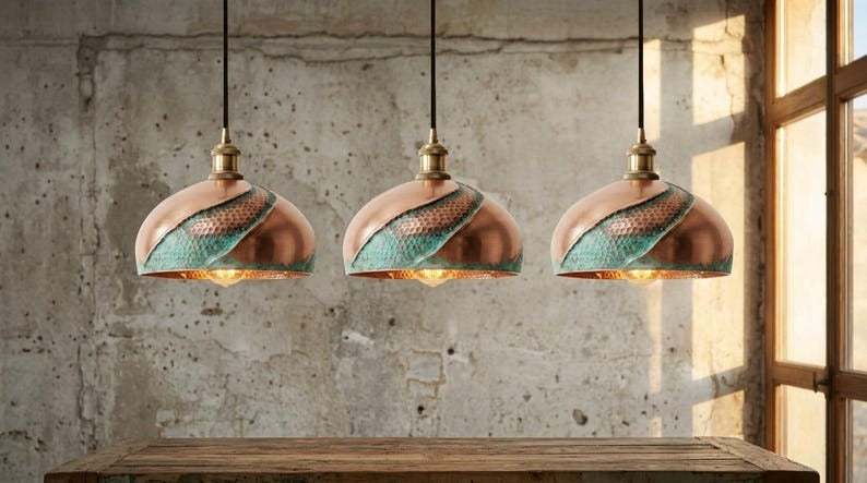 Copper & Verdigris Brass Dome Pendant Light – Sculptural Moroccan Kitchen Island Chandelier